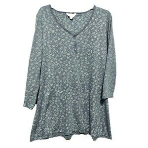 Charter Club Cotton Periwinkle Blue Floral Henley LS Nightgown Sleepshirt Size L